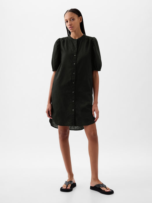 Linen-Cotton Puff Sleeve Mini Shirtdress