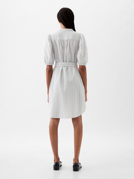 Linen-Cotton Puff Sleeve Mini Shirtdress