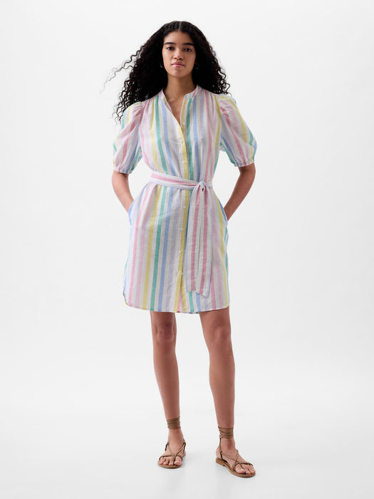 Linen-Cotton Puff Sleeve Mini Shirtdress