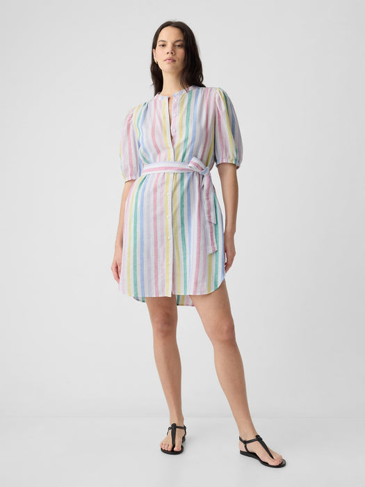 Linen-Cotton Puff Sleeve Mini Shirtdress