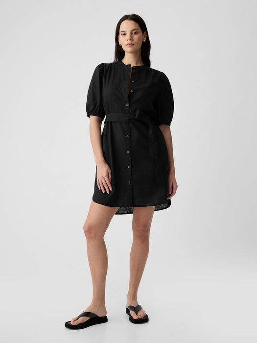 Linen-Cotton Puff Sleeve Mini Shirtdress