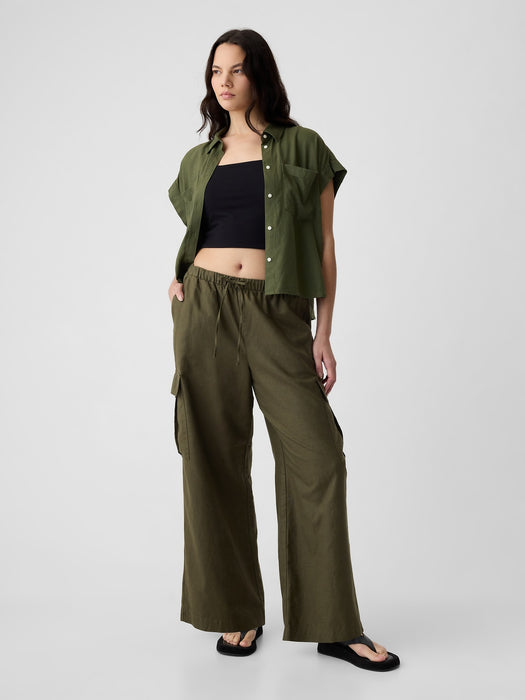 Mid Rise Linen-Cotton Pull-On Cargo Pants