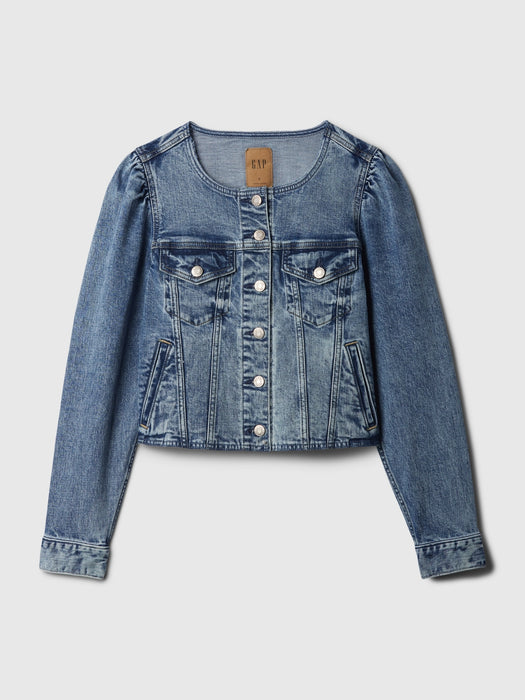 Collarless Cropped Icon Denim Jacket