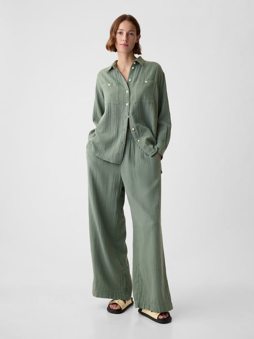 Mid Rise Crinkle Gauze Wide-Leg Pants