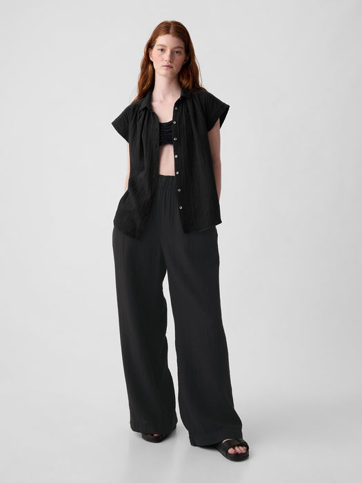 Mid Rise Crinkle Gauze Wide-Leg Pants