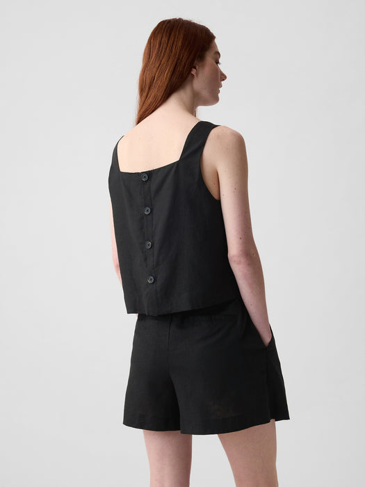 Linen-Blend Button-Back Cropped Tank Top