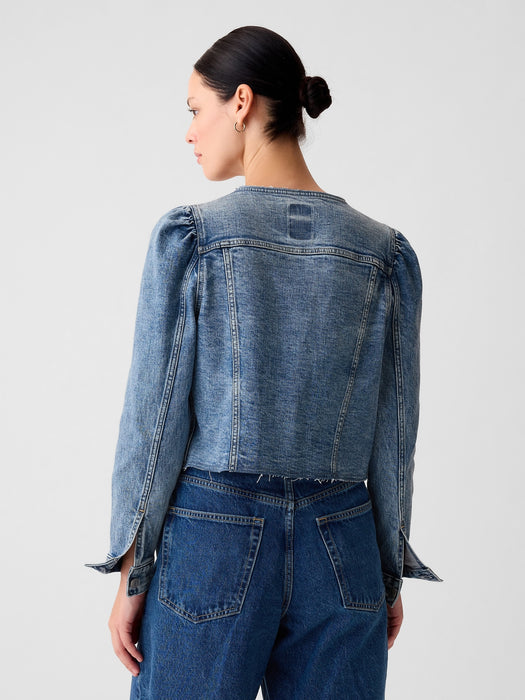 Collarless Cropped Icon Denim Jacket