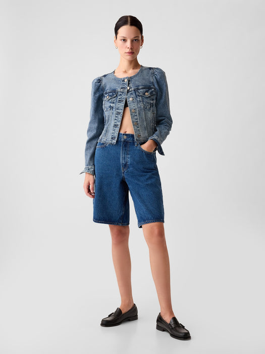 Collarless Cropped Icon Denim Jacket