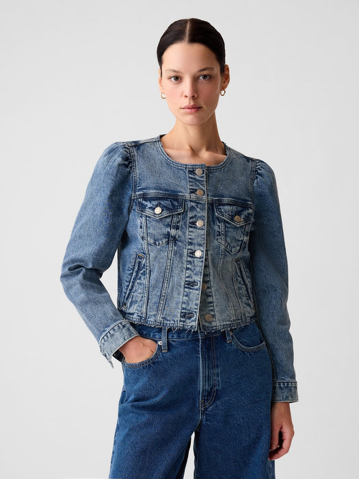 Collarless Cropped Icon Denim Jacket