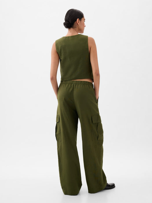 Mid Rise Linen-Cotton Pull-On Cargo Pants