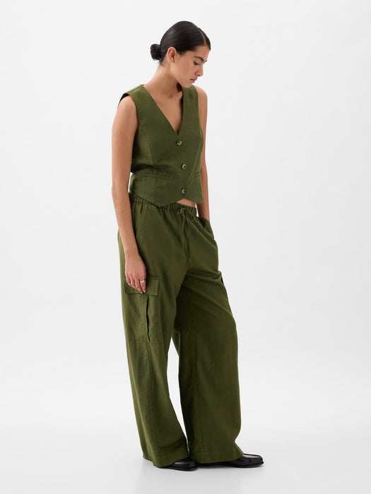 Mid Rise Linen-Cotton Pull-On Cargo Pants