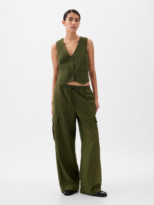 Mid Rise Linen-Cotton Pull-On Cargo Pants