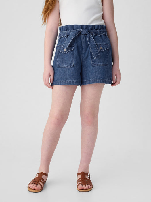 Kids High Rise Paperbag Denim Shorts