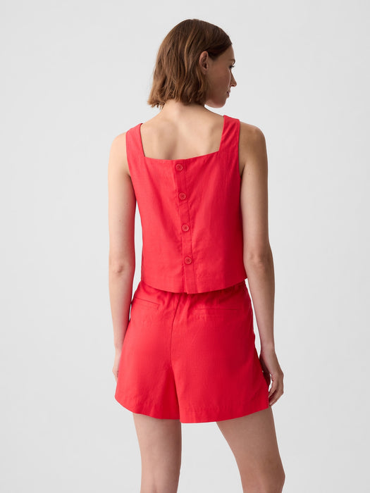 Linen-Blend Button-Back Cropped Tank Top