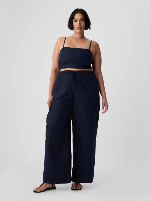 Mid Rise Linen-Cotton Pull-On Cargo Pants