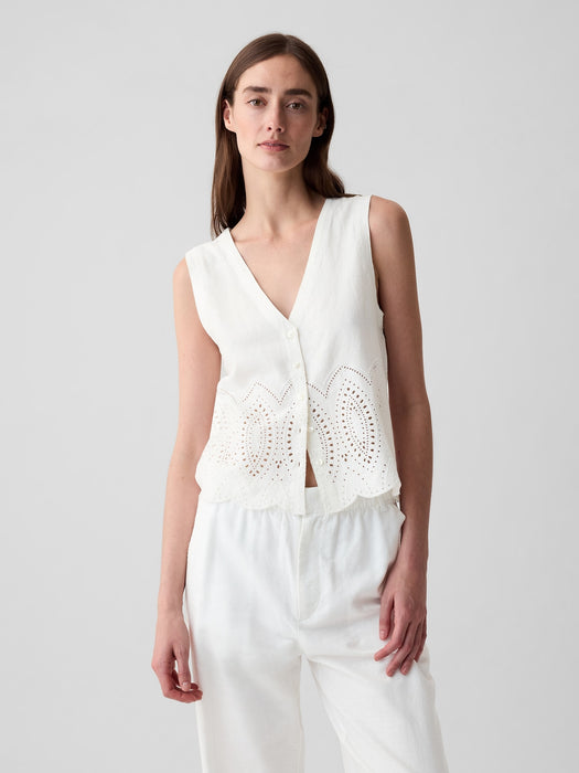 Linen-Blend Eyelet Vest