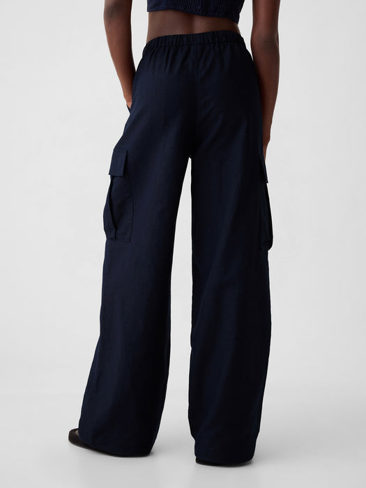 Mid Rise Linen-Cotton Pull-On Cargo Pants