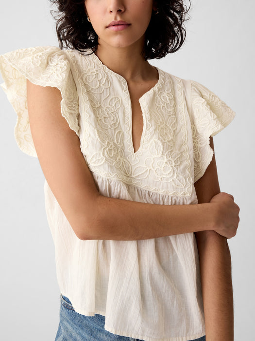 Crinkle Gauze Embroidered Cropped Shirt