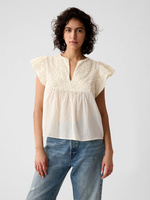 Crinkle Gauze Embroidered Cropped Shirt