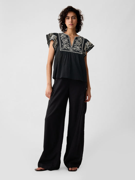 Crinkle Gauze Embroidered Cropped Shirt