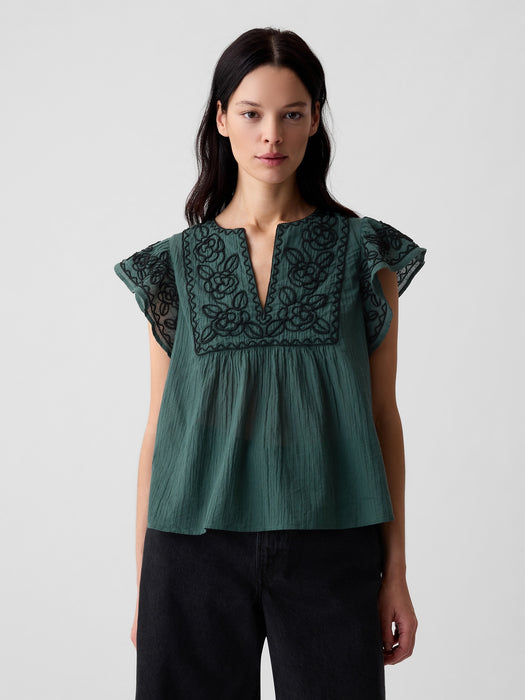 Crinkle Gauze Embroidered Cropped Shirt