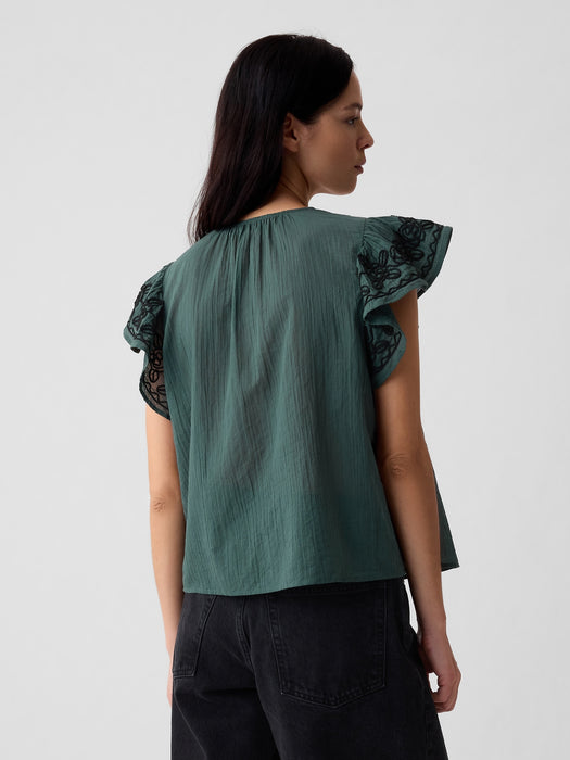 Crinkle Gauze Embroidered Cropped Shirt