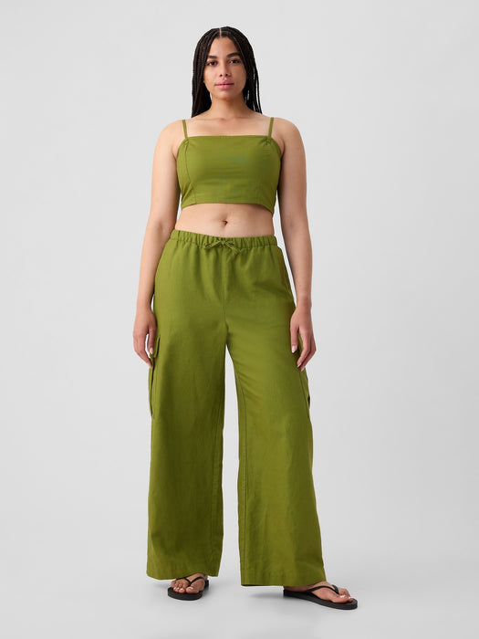 Mid Rise Linen-Cotton Pull-On Cargo Pants