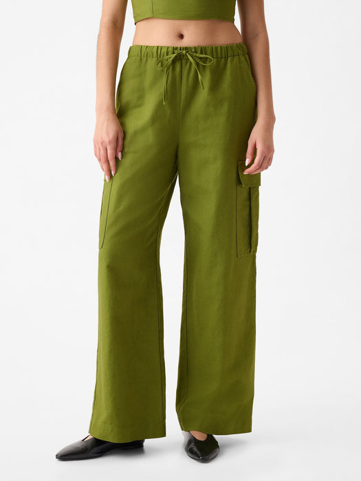 Mid Rise Linen-Cotton Pull-On Cargo Pants