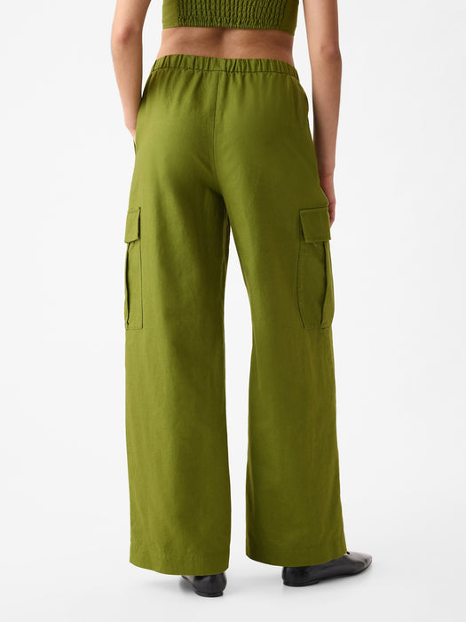 Mid Rise Linen-Cotton Pull-On Cargo Pants