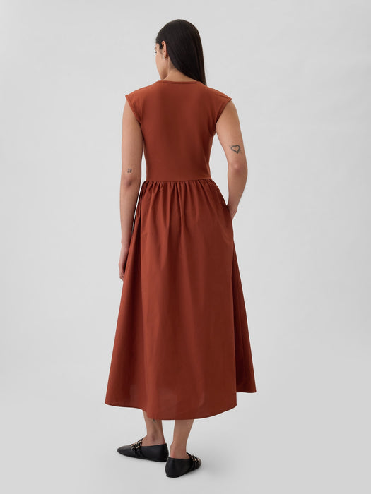 Drop-Waist Mixed Media Midi Dress