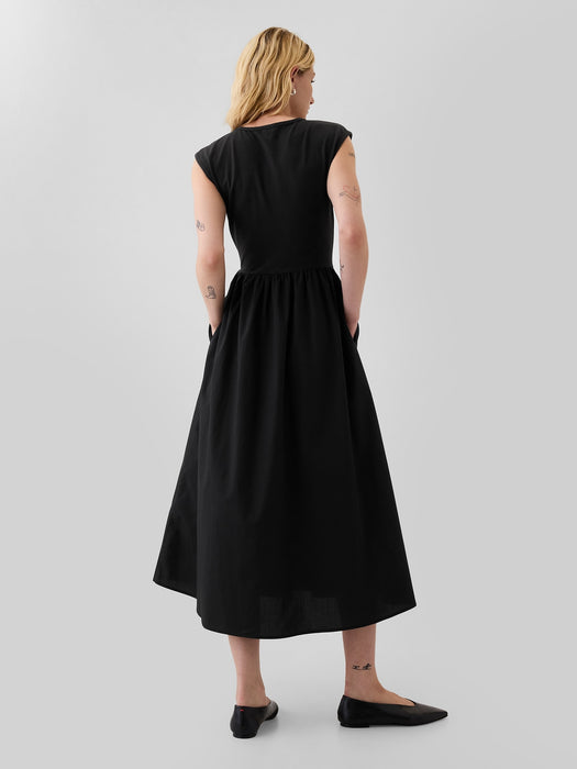 Drop-Waist Mixed Media Midi Dress