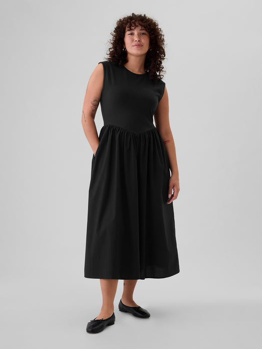 Drop-Waist Mixed Media Midi Dress