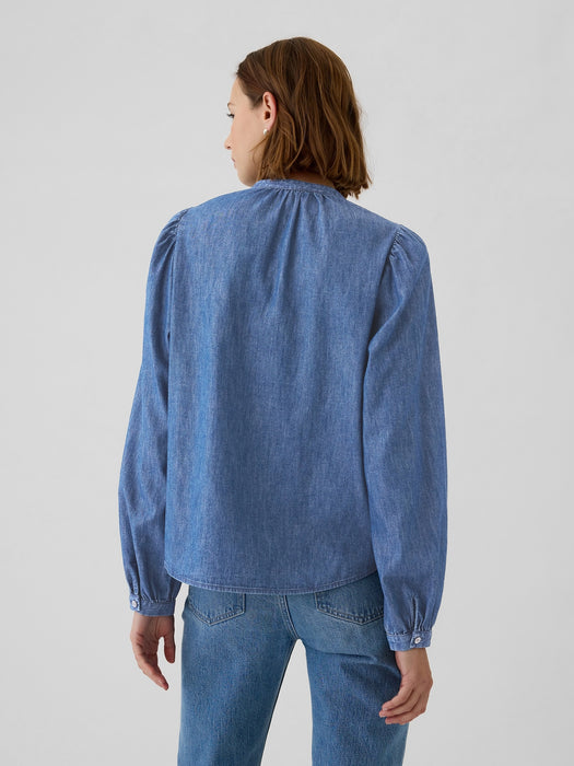 Puff Sleeve Lace-Trim Denim Shirt