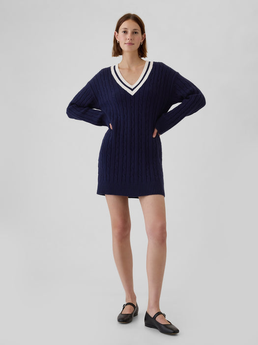 CashSoft Varsity Cable-Knit Mini Sweater Dress