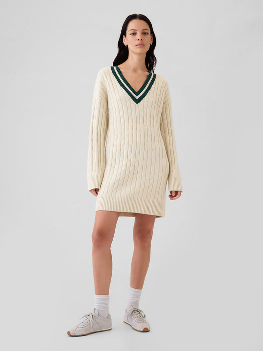 CashSoft Varsity Cable-Knit Mini Sweater Dress