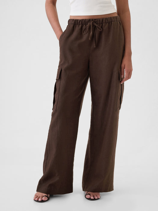 Mid Rise Linen-Cotton Pull-On Cargo Pants