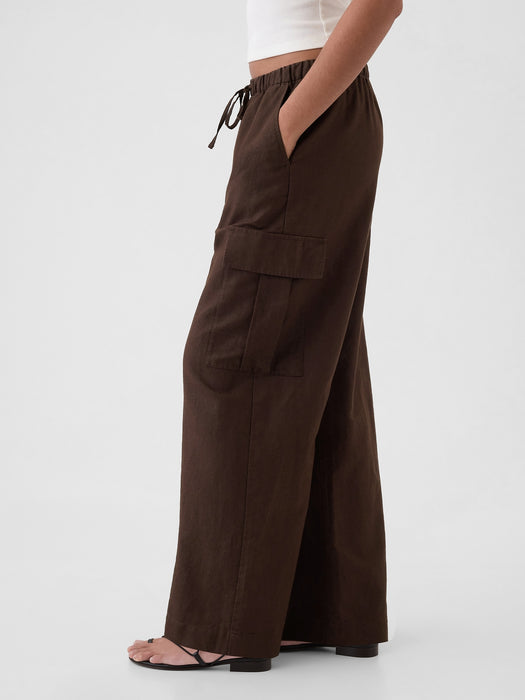 Mid Rise Linen-Cotton Pull-On Cargo Pants