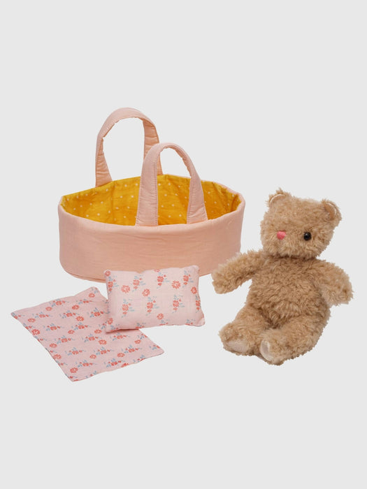 Moppettes Bea Bear Stuffed Animal with Bassinet and Blanket Pillow