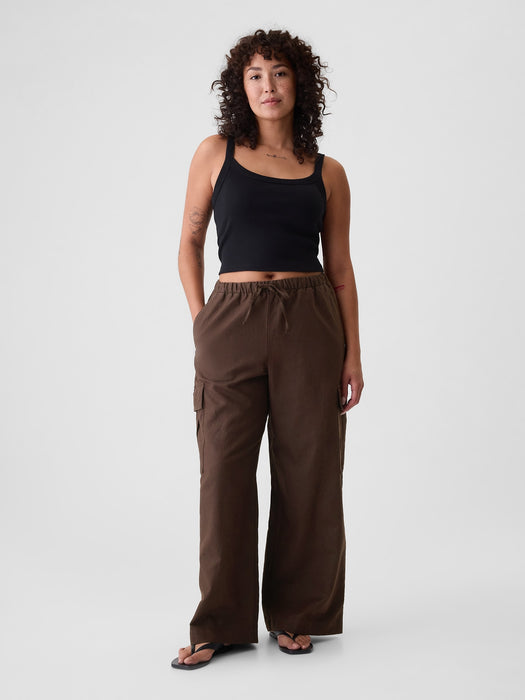 Mid Rise Linen-Cotton Pull-On Cargo Pants