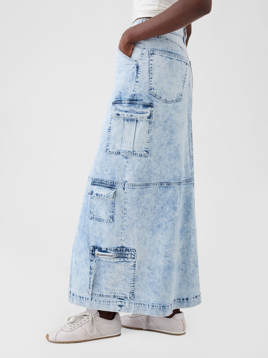 Denim Double Cargo Maxi Skirt