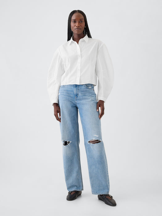 Organic Cotton Poplin Barrel Sleeve Cropped Shirt