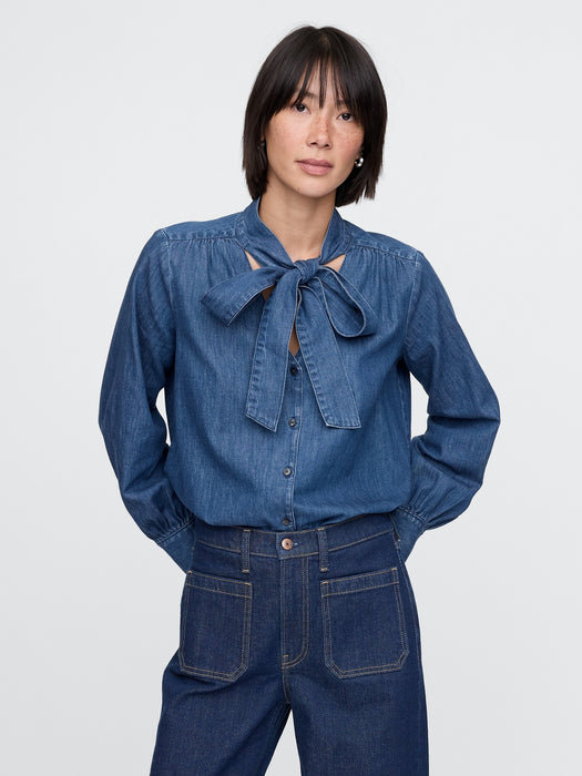 Denim Tie-Neck Shirt