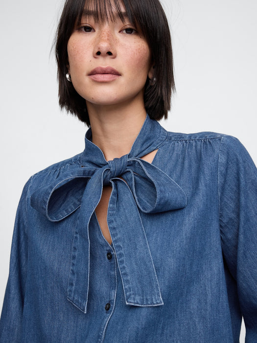 Denim Tie-Neck Shirt