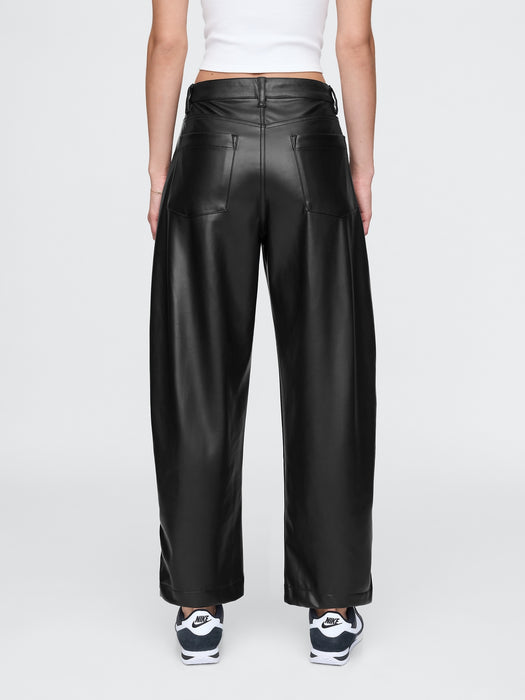 Mid Rise Vegan Leather Barrel Pants