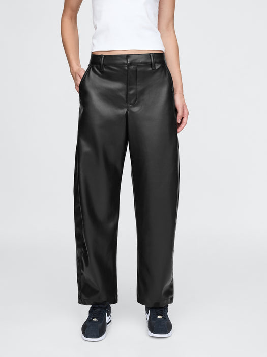 Mid Rise Vegan Leather Barrel Pants