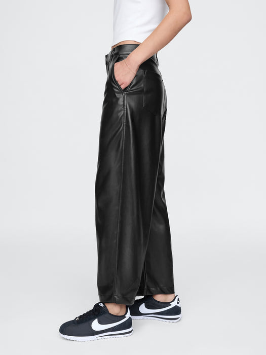 Mid Rise Vegan Leather Barrel Pants