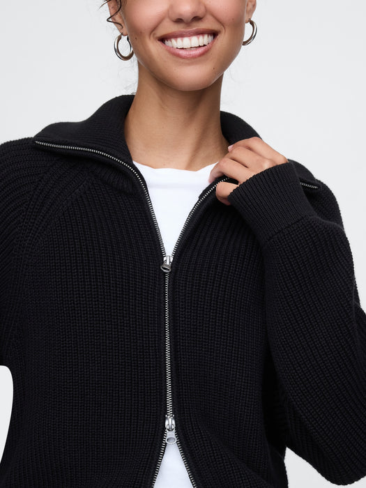 Shaker-Stitch Zip Cardigan