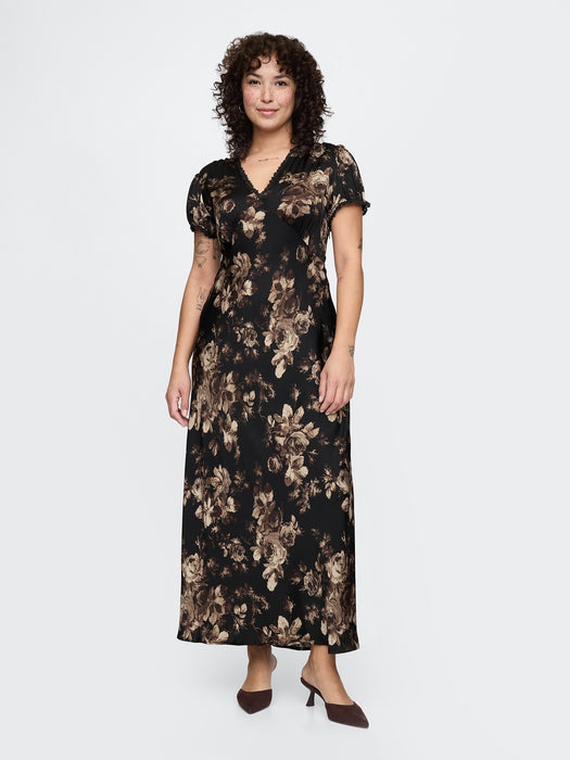 Satin Lace-Trim Floral Maxi Dress