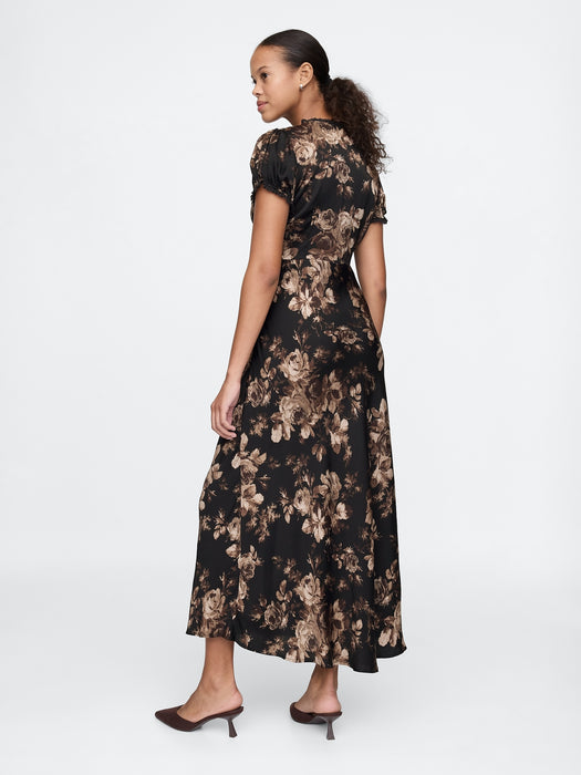 Satin Lace-Trim Floral Maxi Dress