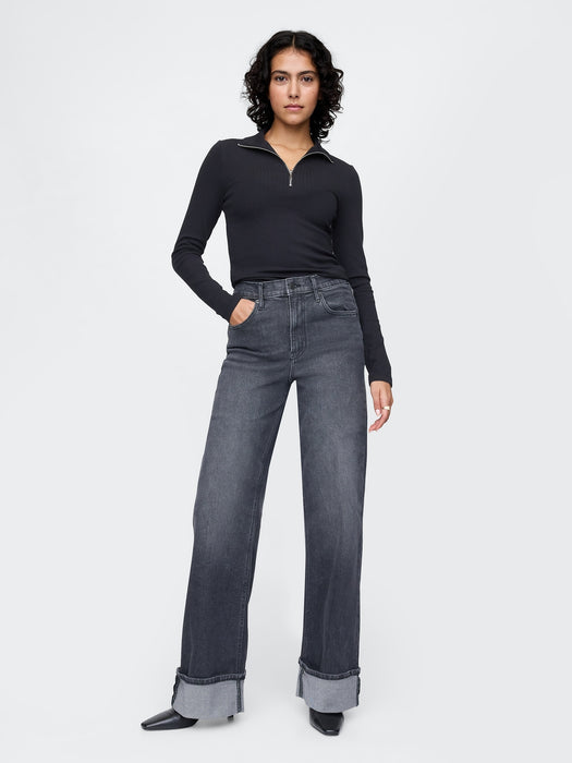 High Rise Stride Cuffed Wide-Leg Jeans